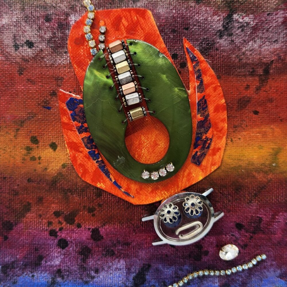 Mixed Media Painting with Collage, Watch, and Jewelry Pieces By BRD